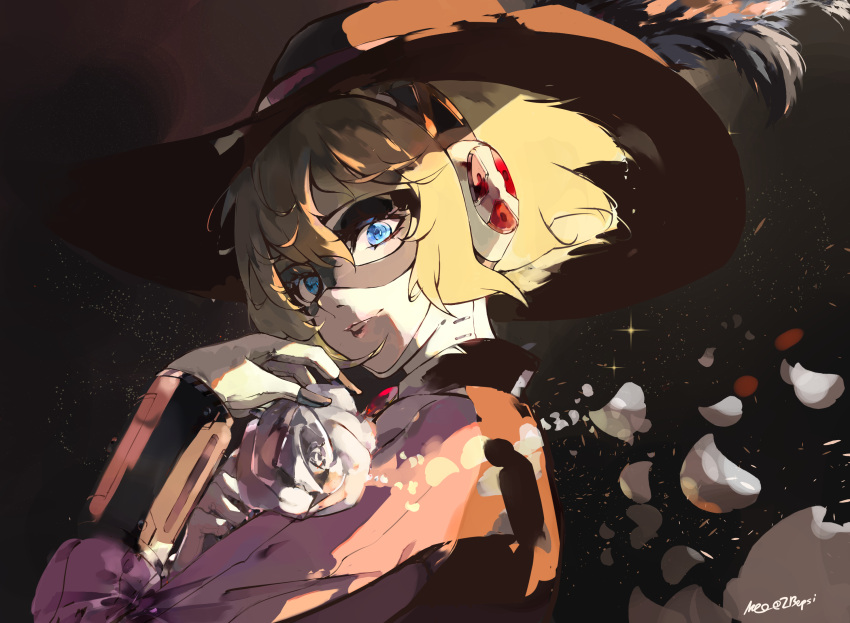 1girl, aigis_(persona), android, blonde_hair, blue_eyes, cavalier_hat, cosplay, domino_mask