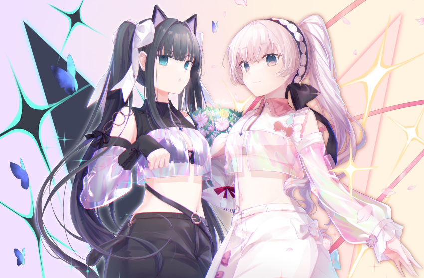 2girls, :o, animal_ears, anllouser, arcaea, bare_shoulders, belt, black_hair, black_pants, black_ribbon, blue_eyes, bouquet, bug, butterfly, cat_ears, cowboy_shot, cropped_jacket, detached_sleeves, high_ponytail, highres, hikari_(djmax_collaboration)_(arcaea), holding, holding_bouquet, multiple_girls, pants, pantyhose, ponytail, ribbon, see-through_clothes, see-through_sleeves, smile, tairitsu_(djmax_collaboration)_(arcaea), tongue, tongue_out, twintails, white_hair, white_pants, white_ribbon