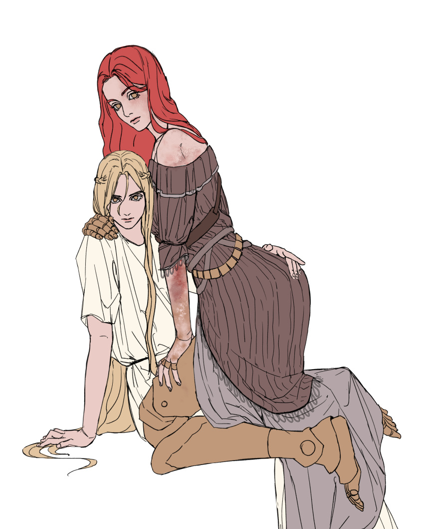 1boy, 1girl, absurdres, blonde_hair, brother_and_sister, brown_dress, curtained_hair, dress