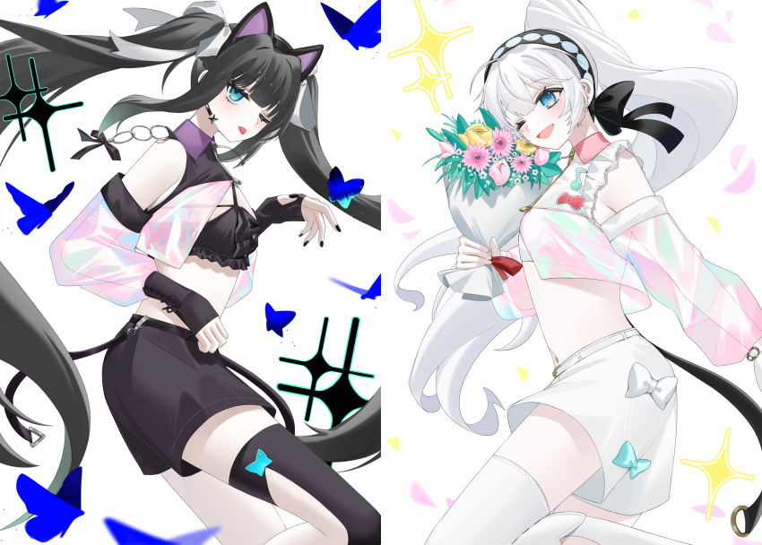 2girls, absurdres, animal_ears, arcaea, bare_shoulders, black_hair, black_pants, black_pantyhose, black_ribbon, blue_eyes, bouquet, bug, butterfly, cat_ears, cowboy_shot, cropped_jacket, detached_sleeves, high_ponytail, highres, hikari_(djmax_collaboration)_(arcaea), holding, holding_bouquet, multiple_girls, one_eye_closed, pants, pantyhose, ponytail, ribbon, see-through_clothes, see-through_sleeves, smile, sobaoishi_ne, tairitsu_(djmax_collaboration)_(arcaea), tongue, tongue_out, twintails, white_hair, white_pants, white_pantyhose, white_ribbon