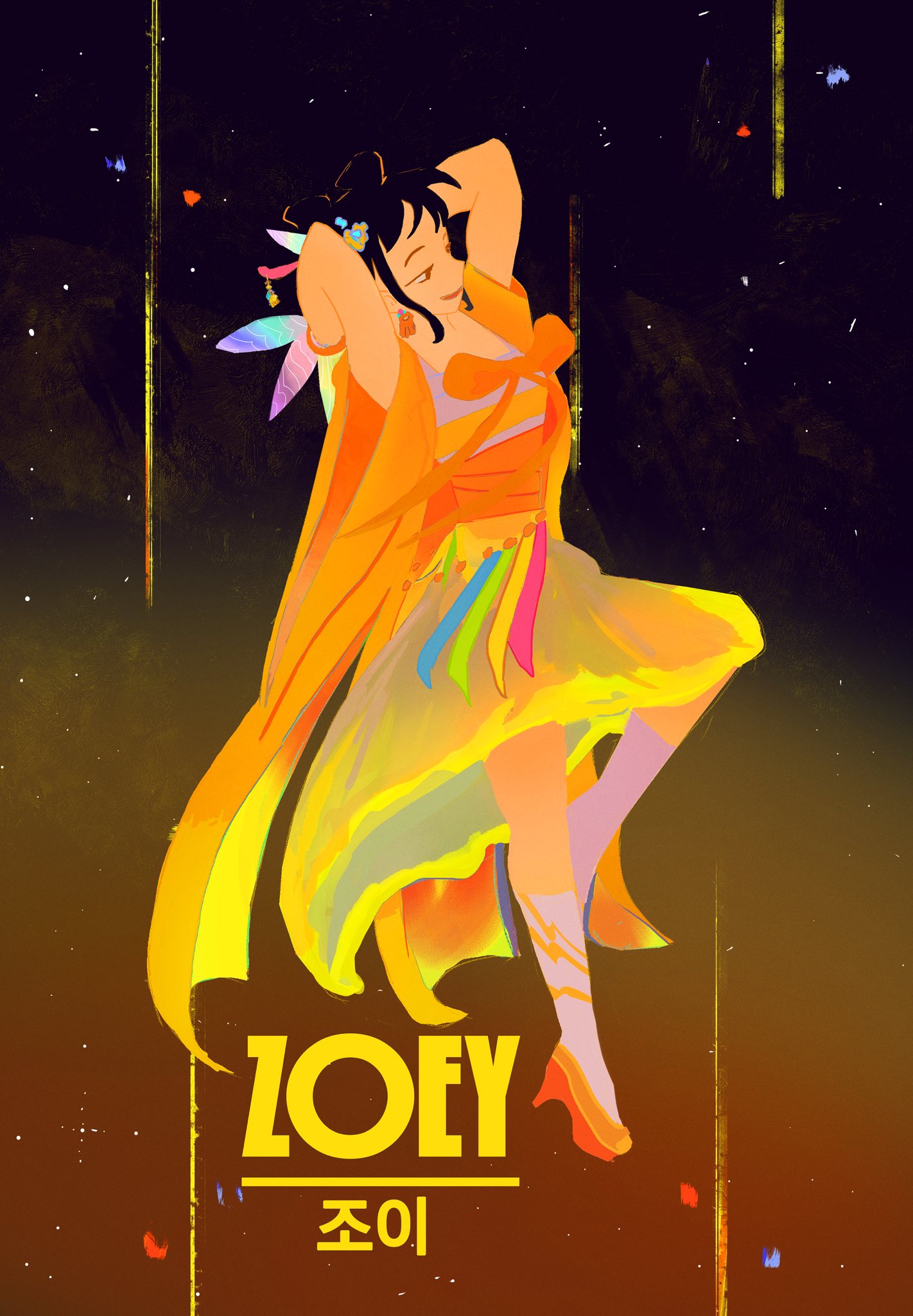 1girl, black_hair, character_name, commentary, double_bun, full_body, hair_bun, hanbok, high_heels, highres, holding, holding_weapon, korean_clothes, kpop_demon_hunters, looking_ahead, orange_hanbok, orange_shoes, profile, shoes, sidelocks, smile, solo, weapon, xin_cere_art, zoey_(kpop_demon_hunters)