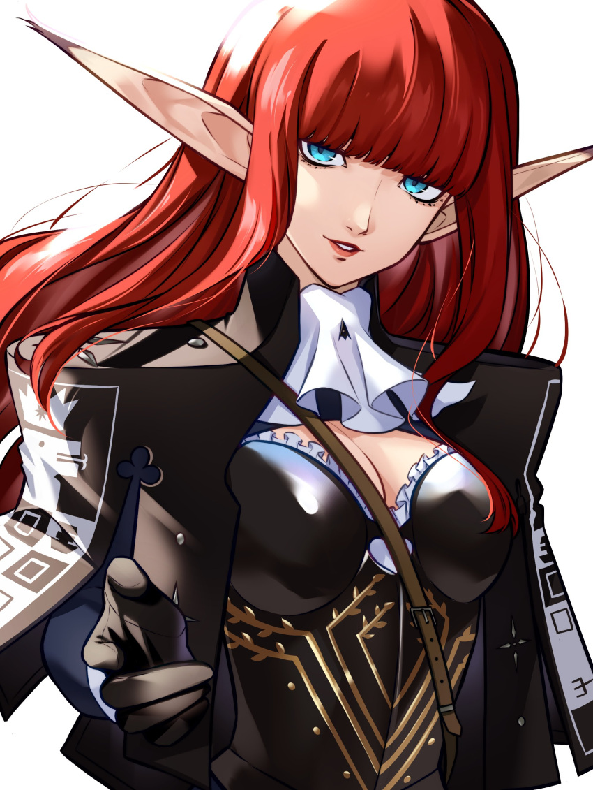 1girl, atlus, bangs, black_clothes, black_coat, black_shirt, blue_eyes, breasts, cleavage, elf_ears, female, female_only, gloves, hulkenberg_(metaphor:_refantazio), knight, long_hair, looking_at_viewer, makeup, metaphor:_refantazio, pointy_ears, reaching, reaching_towards_viewer, red_hair, red_lips, smile, solo, standing, wanderstillart, white_background