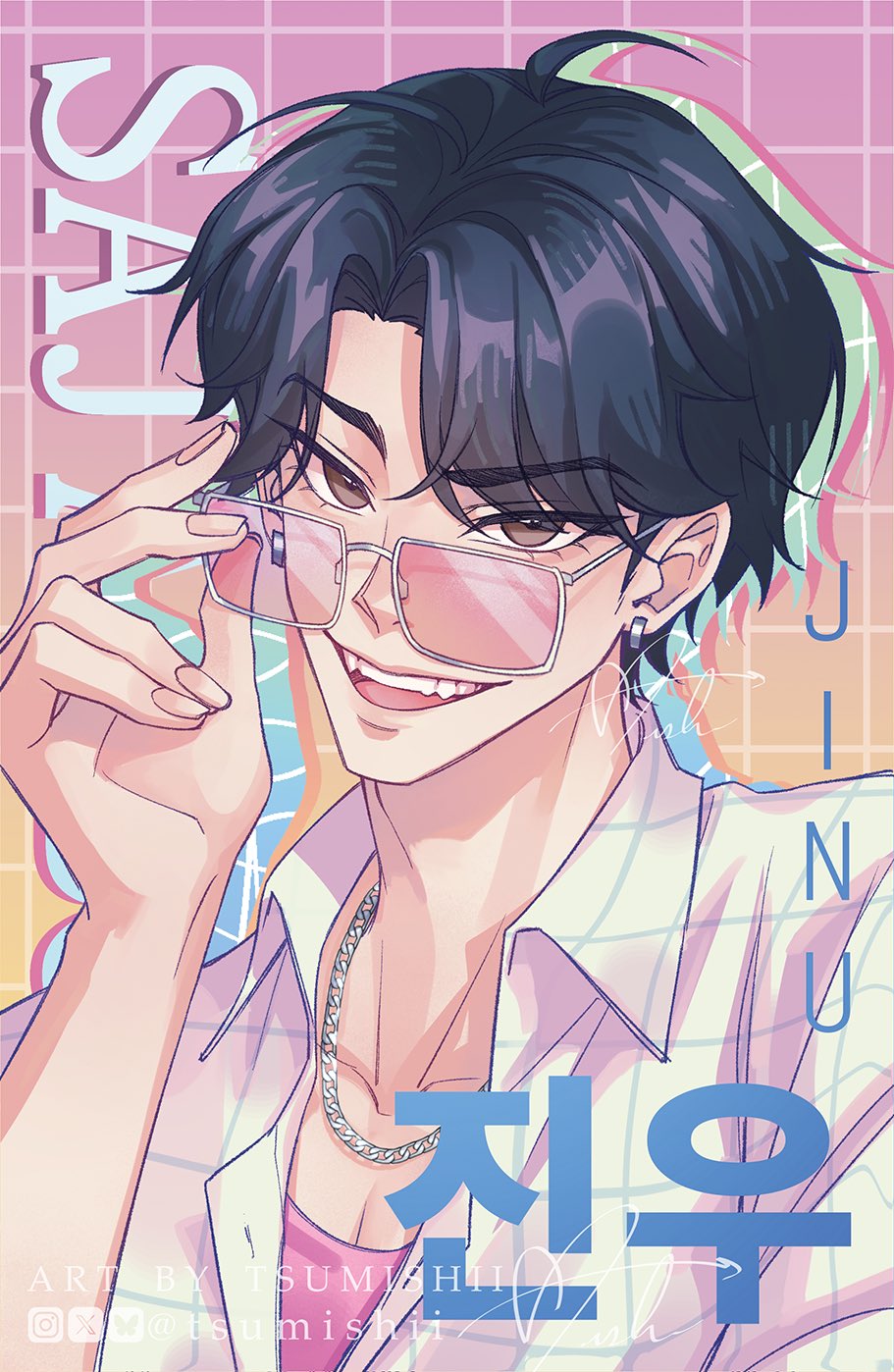 1boy, black_hair, bluesky_username, brown_eyes, chain, collared_shirt, commentary, earrings