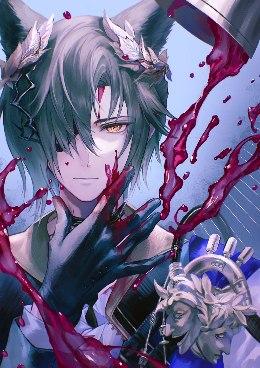 1boy, absurdres, alcohol, animal_ears, arknights, black_gloves, blue_background, blue_sash