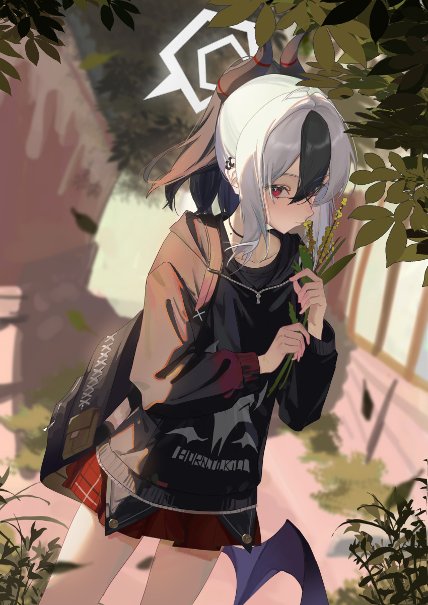 1girl, absurdres, bag, black_bag, black_hair, black_hoodie, black_shirt, blue_archive, closed_mouth, demon_girl, demon_horns, demon_wings, flower, hair_between_eyes, halo, highres, holding, holding_bag, holding_flower, hood, hoodie, horns, kayoko_(blue_archive), long_hair, looking_at_viewer, macha_bafei, multicolored_hair, plaid_clothes, plaid_skirt, ponytail, red_skirt, shirt, single_wing, skirt, solo, two-tone_hair, very_long_hair, white_hair, white_halo, wings, yellow_flower