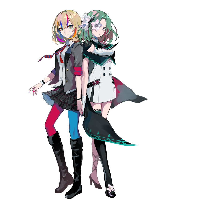 2girls, arcaea, asymmetrical_legwear, belt, black_boots, black_shoes, blonde_hair, blue_pantyhose