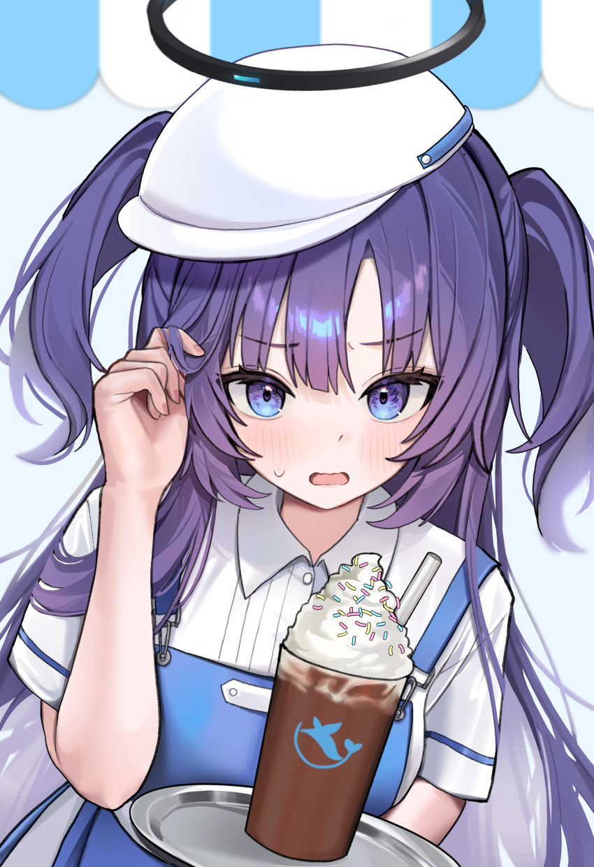 1girl, absurdres, apron, black_halo, blue_apron, blue_archive, blue_eyes, blush, buttons, chocolate, collared_shirt, commentary_request, cup, dessert, drinking_straw, dutch_angle, food, halo, hand_in_own_hair, hand_up, hat, highres, holding, holding_plate, hyurumari, korean_commentary, long_hair, looking_at_viewer, mechanical_halo, open_mouth, partial_commentary, plate, purple_hair, shirt, short_sleeves, solo, sprinkles, sweatdrop, two_side_up, upper_body, very_long_hair, waitress, whipped_cream, white_background, white_hat, white_shirt, yuuka_(blue_archive)