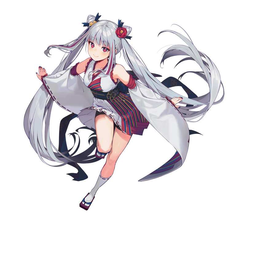 1girl, arcaea, black_pants, black_ribbon, cone_hair_bun, detached_sleeves, flower, full_body