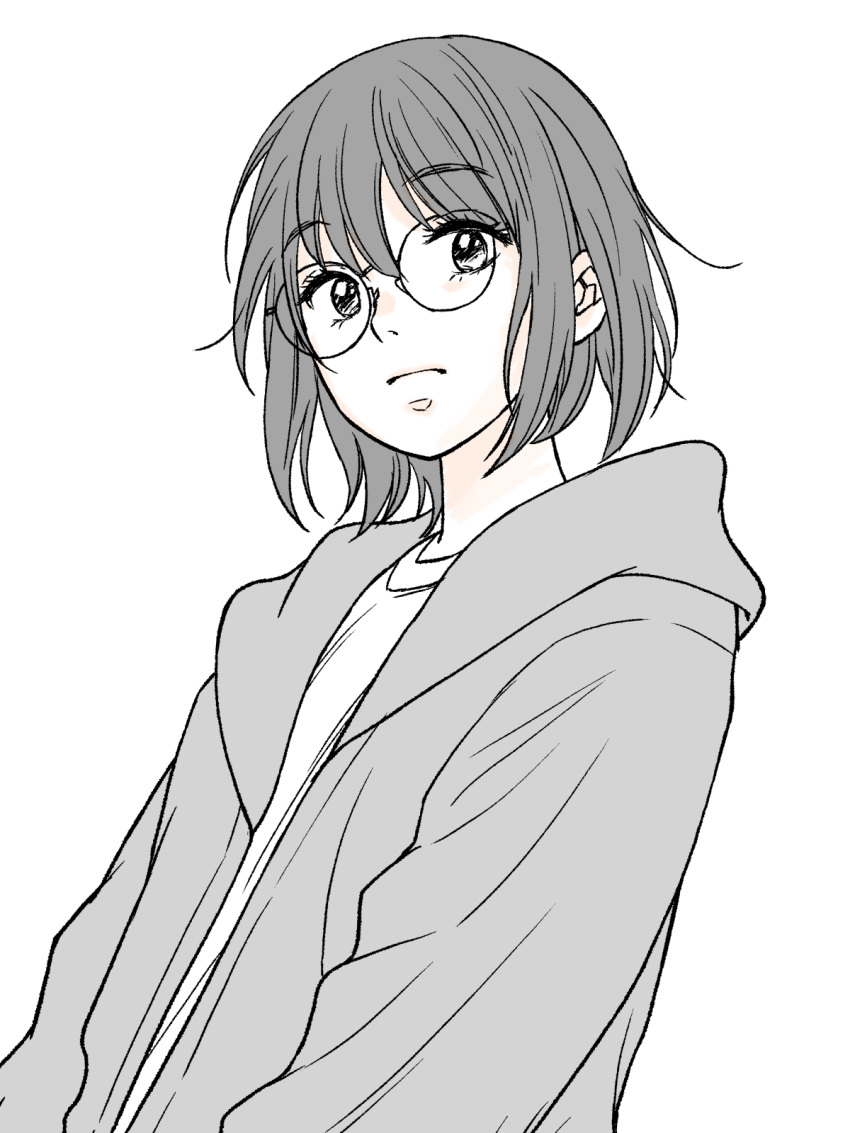 1girl, glasses, greyscale, highres, hood, hood_down, hooded_jacket, jacket, looking_at_viewer, mitsuhashitohru_pxv, monochrome, original, simple_background, solo, upper_body, white_background