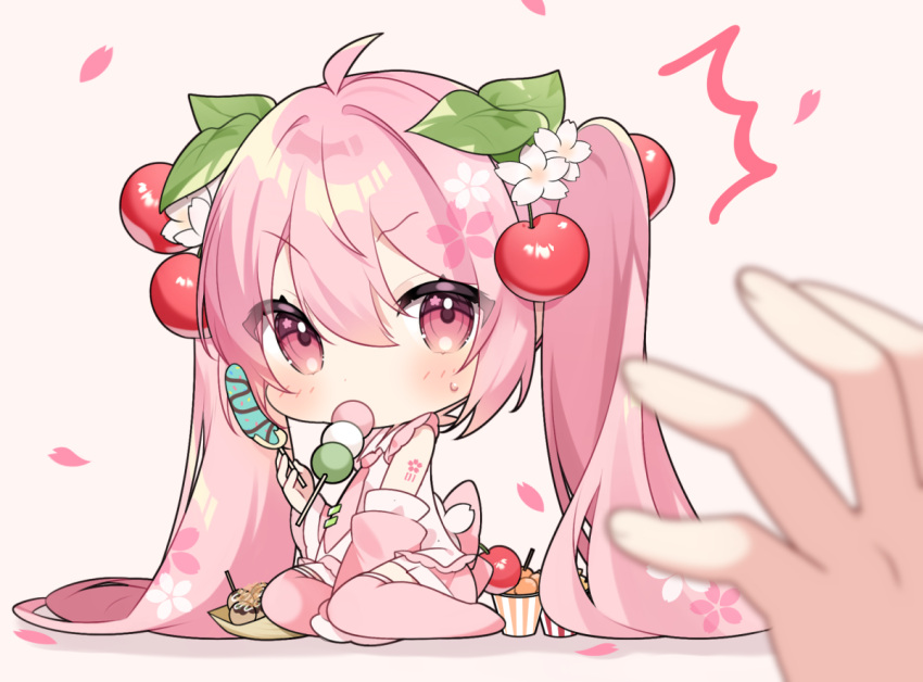 1girl, 1other, bare_shoulders, black_skirt, blurry, blurry_foreground, blush, cherry_hair_ornament, chocolate-covered_food, chocolate_banana, collared_shirt, commentary_request, dango, detached_sleeves, food, food-themed_hair_ornament, food_in_mouth, full_body, hair_between_eyes, hair_ornament, hatsune_miku, holding, holding_food, long_hair, looking_at_viewer, necktie, number_tattoo, pink_eyes, pink_hair, pink_necktie, pink_sleeves, pink_thighhighs, pleated_skirt, sakura_miku, sanshoku_dango, shirt, shoulder_tattoo, simple_background, sitting, skirt, sleeveless, sleeveless_shirt, tattoo, thigh-highs, twintails, very_long_hair, vocaloid, wagashi, white_shirt, wide_sleeves, yuni_(irohasuiroiro)