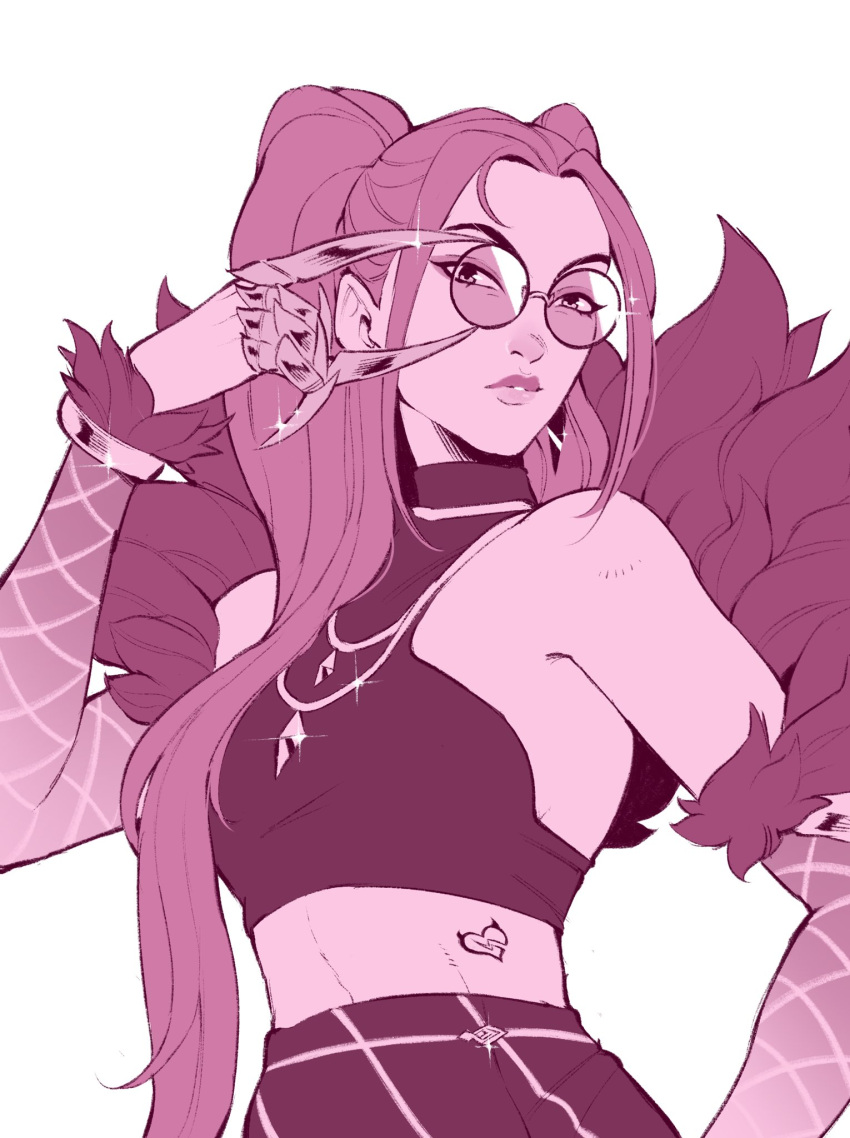 1girl, commentary, cowboy_shot, english_commentary, glint, green_(greeniris), highres, kpop_demon_hunters, long_hair, long_sleeves, mira_(kpop_demon_hunters), monochrome, round_eyewear, sidelocks, simple_background, sleeveless, solo, sparkle, sunglasses, twintails, white_background