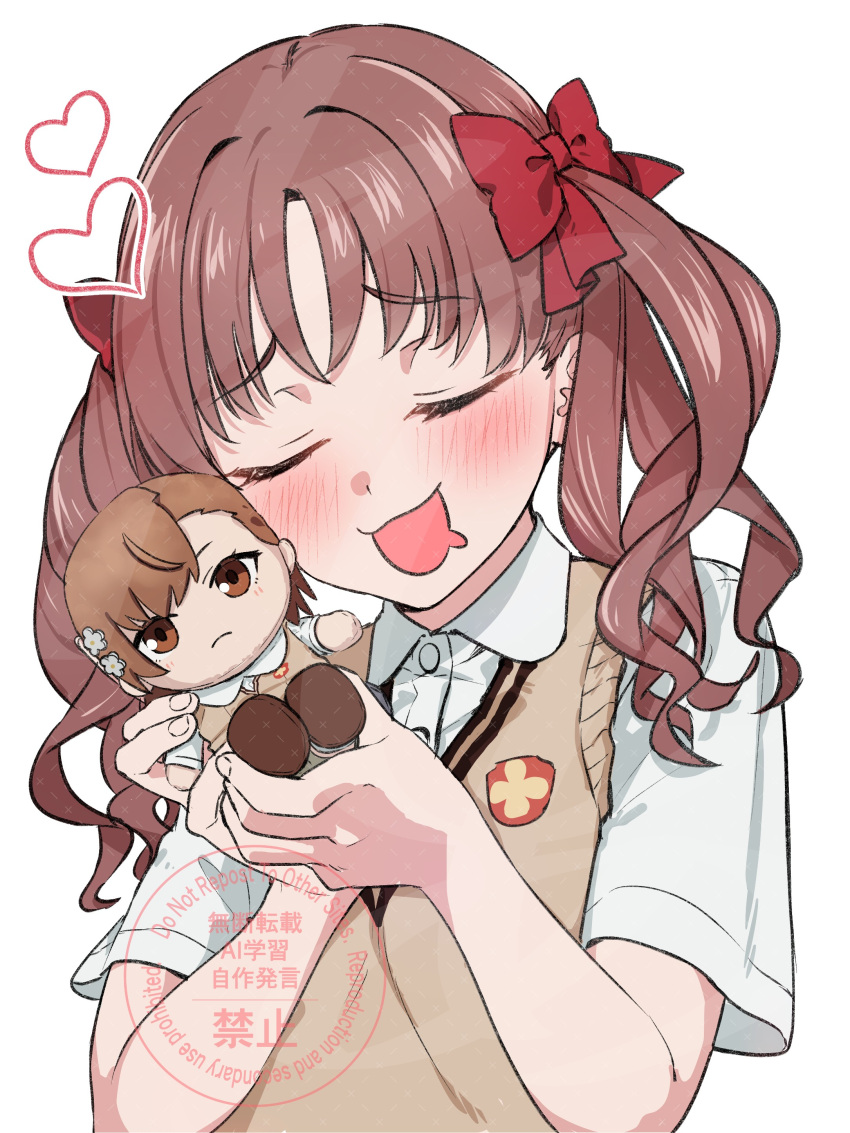1girl, absurdres, aic_oekaki, brown_hair, brown_sweater_vest, character_doll, closed_eyes, collared_shirt, commentary_request, doll, dress_shirt, drooling, hair_ribbon, heart, highres, long_hair, misaka_mikoto, ribbon, school_emblem, school_uniform, shirai_kuroko, shirt, simple_background, smile, solo, summer_uniform, sweater_vest, toaru_kagaku_no_railgun, toaru_majutsu_no_index, tokiwadai_school_uniform, twintails, upper_body, white_background, white_shirt