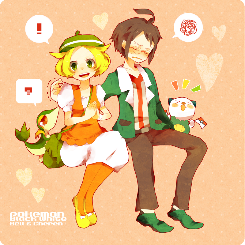 bel_(pokemon), bell_(pokemon), black_hair, blonde_hair, blush, cheren_(pokemon), closed_eyes, conoha