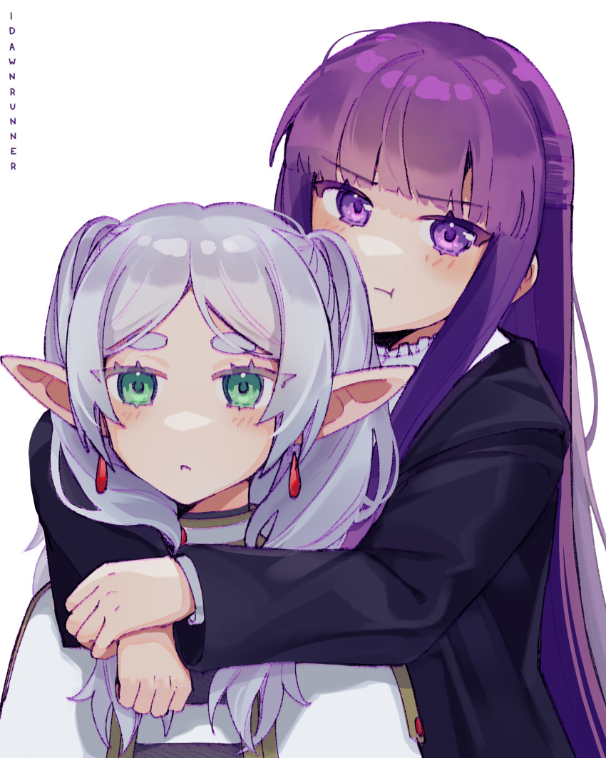 2girls, :<, :t, absurdres, artist_name, black_coat, blunt_bangs, blush