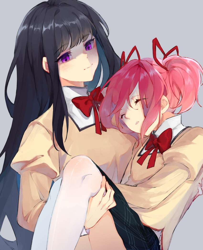2girls, akemi_homura, black_hair, black_skirt, bo4turtle, bow, bowtie, carrying