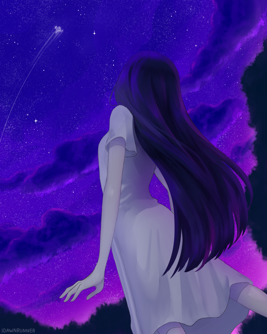 1girl, absurdres, artist_name, black_hair, dress, feet_out_of_frame, from_behind, from_below, highres, idawnrunner, long_hair, mari_(omori), mari_(spirit)_(omori), medium_dress, night, night_sky, omori, pluto_(omori), short_sleeves, sky, solo, star_(sky), starry_sky, white_dress