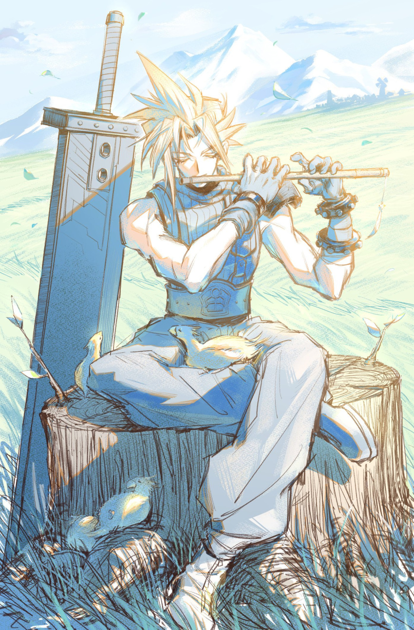 1boy, baby_animal, bird, blonde_hair, blue_sky, boots, buster_sword, chaosrice