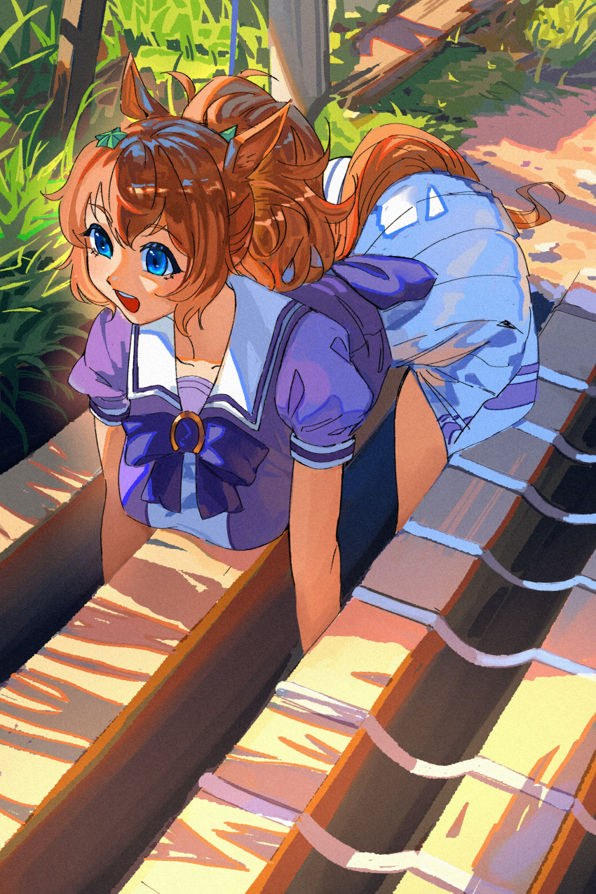 1girl, absurdres, animal_ears, blixadon, blue_eyes, breasts, brown_hair, hair_ornament, highres, horse_ears, horse_girl, horse_tail, long_hair, open_mouth, ponytail, school_uniform, shirt, skirt, smile, star_(symbol), star_hair_ornament, taiki_shuttle_(umamusume), tail, tracen_school_uniform, umamusume