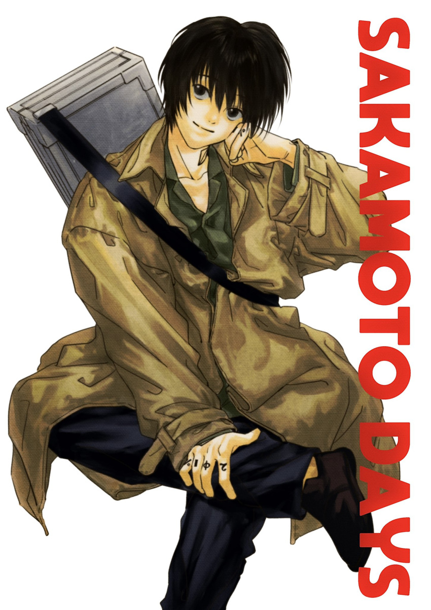1boy, black_eyes, black_hair, black_pants, brown_coat, brown_shoes, closed_mouth, coat