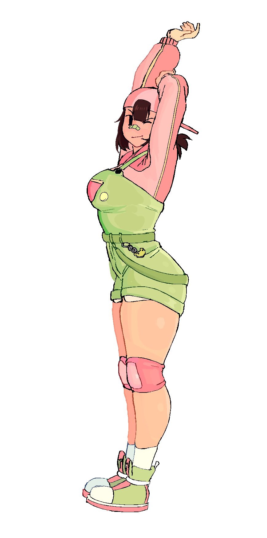 1girl, animal_print, arms_up, backwards_hat, bandaid, bandaid_on_face, bandaid_on_nose, baseball_cap