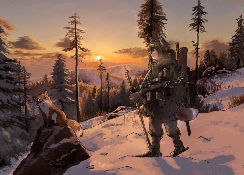 1girl, absurdres, animal, animal_ears, battle_rifle, blue_sky, boulder, brown_eyes