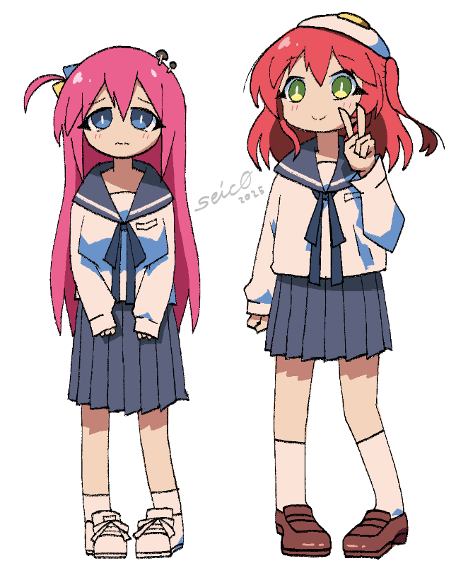 2025, 2girls, artist_name, blue_eyes, bocchi_the_rock!, brown_shoes, cosplay, crossover, cube_hair_ornament, food, food_on_head, fried_egg, gotoh_hitori, green_eyes, hair_ornament, kita_ikuyo, long_hair, looking_at_viewer, multiple_girls, mushroom_on_head, object_on_head, one_side_up, pink_hair, pleated_skirt, red_hair, school_uniform, seisyun_c0mplex, shimeji_simulation, shoes, simple_background, skirt, socks, v, white_background, white_shoes, white_socks