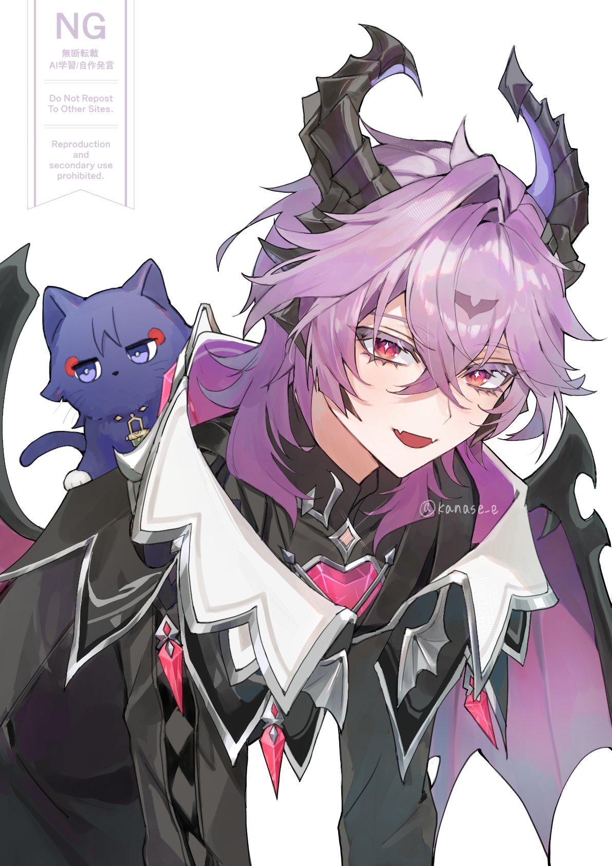 1boy, animalization, bent_over, black_capelet, black_coat, black_collar, black_horns, black_sleeves