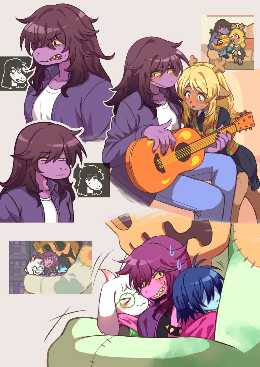 >_<, 1other, 2boys, 2girls, absurdres, antlers, averting_eyes, blush, colored_skin, deer_girl, deltarune, freckles, game_screenshot_inset, group_hug, guitar, highres, horns, hug, instrument, jackenstein_(deltarune), kris_(dark_world)_(deltarune), kris_(deltarune), mitorizu_02, multiple_boys, multiple_girls, noelle_holiday, purple_skin, ralsei, reference_inset, reptile_girl, sharp_teeth, susie_(dark_world)_(deltarune), susie_(deltarune), teeth, yuri