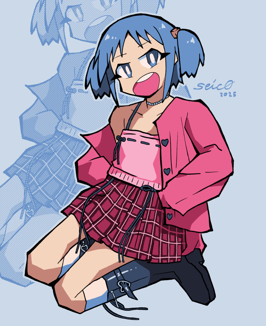 2025, artist_name, ben-day_dots, black_boots, blue_background, blue_eyes, blue_hair, boots