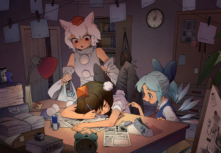 3girls, alarm_clock, amazon_(company), analog_clock, animal_ears, bag, bird_wings, black_eyes