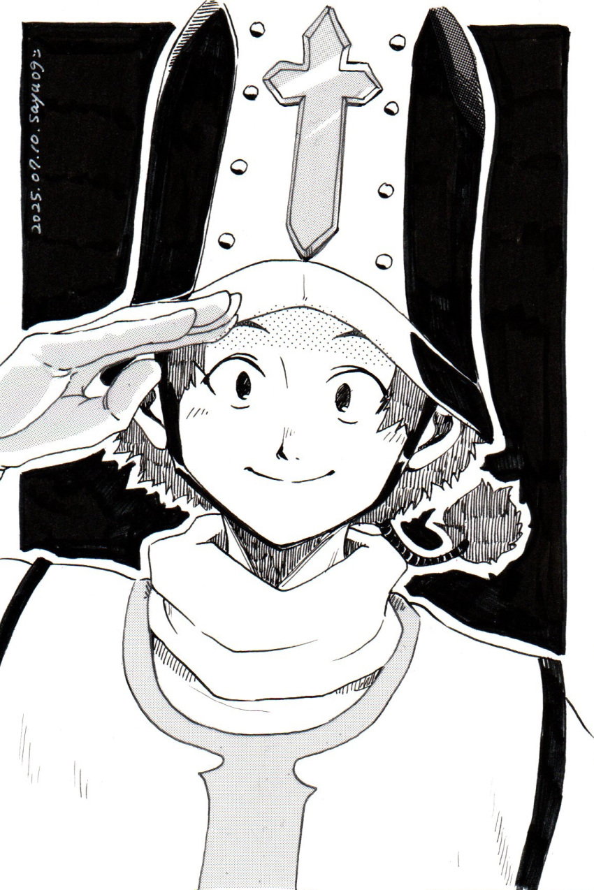 1boy, 2025, commentary, cross, dated, dragon_quest, dragon_quest_v, hatching_(texture)
