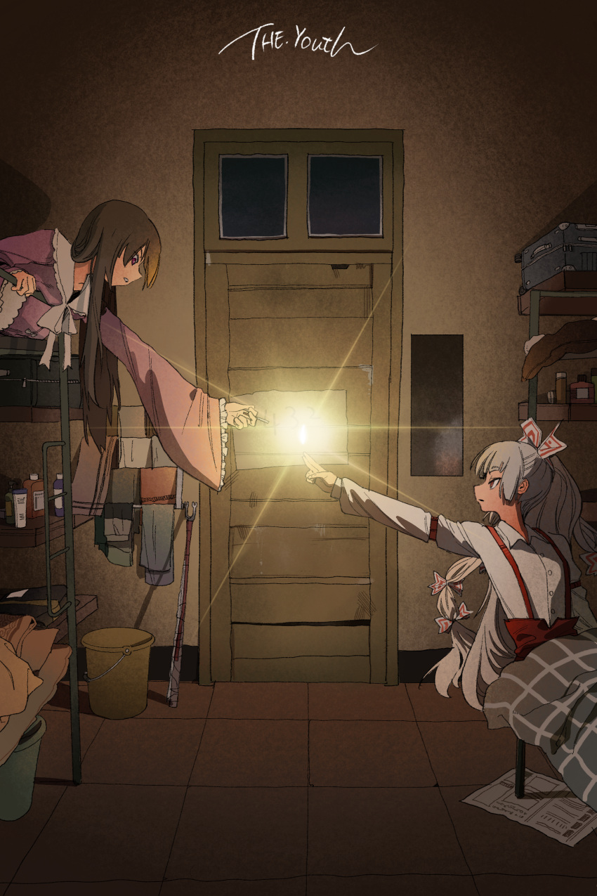 2girls, absurdres, bed, bow, brown_hair, bunk_bed, buttons, chenwei_jun