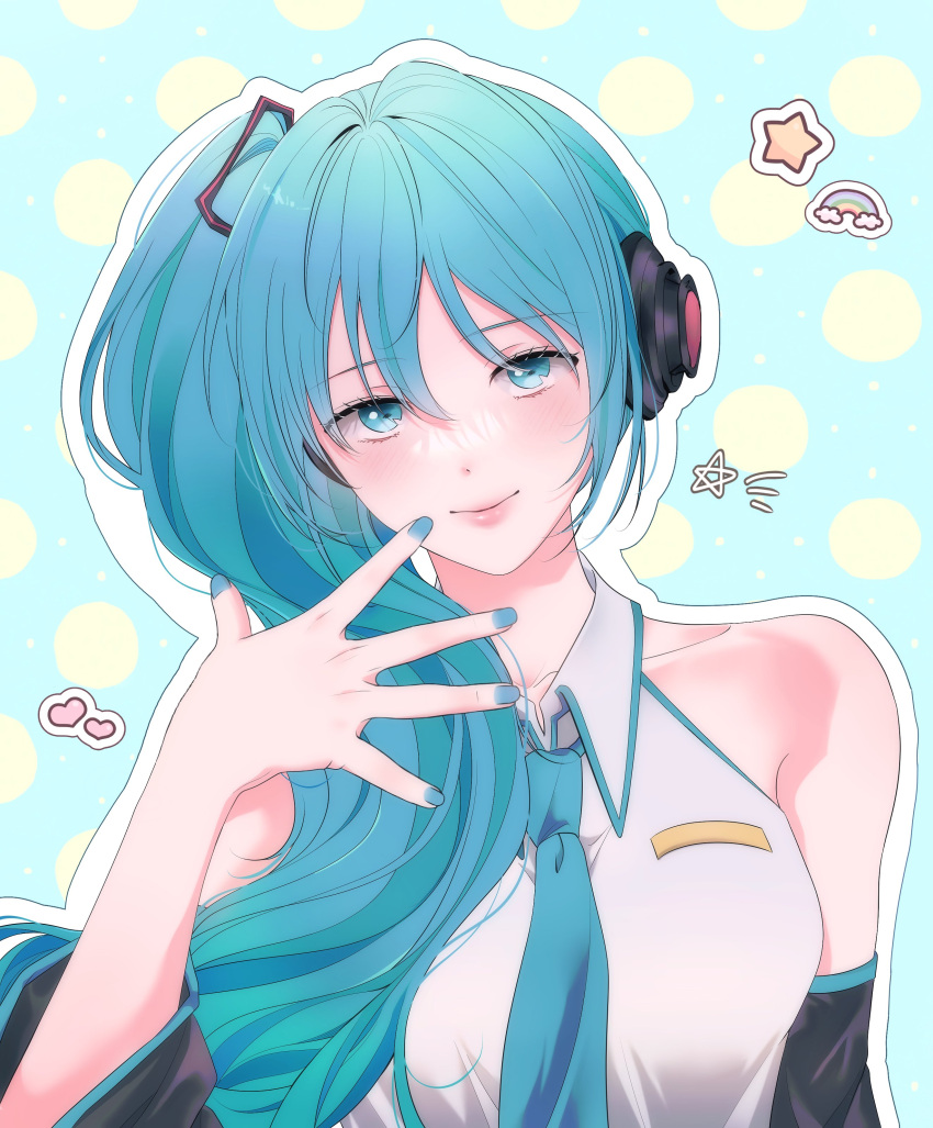 1girl, absurdres, aqua_eyes, aqua_hair, aqua_nails, aqua_necktie, blush, collar, commentary, detached_sleeves, hair_between_eyes, hatsune_miku, headphones, heart, highres, knn_nabi, korean_commentary, necktie, rainbow, side_ponytail, sidelocks, sleeveless, smile, solo, star_(symbol), upper_body, vocaloid
