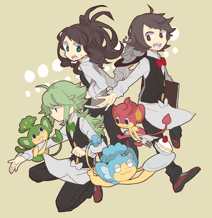 1girl, 2boys, apron, bad_id, black_hair, blue_eyes, brown_hair, cake, cosplay, food, green_eyes, green_hair, multiple_boys, n_(pokemon), panpour, pansage, pansear, pokemon, pokemon_(creature), pokemon_(game), pokemon_black_and_white, pokemon_bw, ponytail, toco_(7037034), touko_(pokemon), touya_(pokemon)