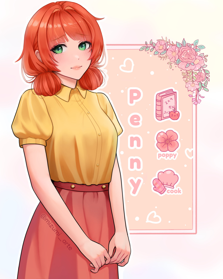 1girl, absurdres, blush, collared_shirt, english_text, flower, high-waist_skirt, highres