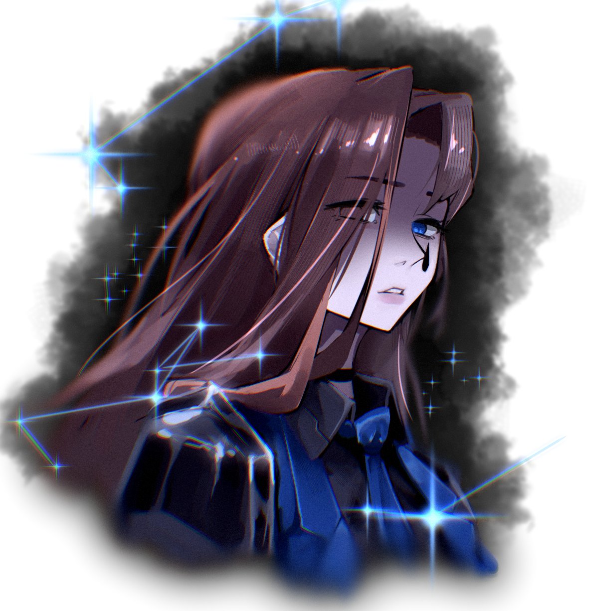 1girl, armor, black_shirt, blue_eyes, blue_necktie, brown_hair, collared_shirt, constellation_print