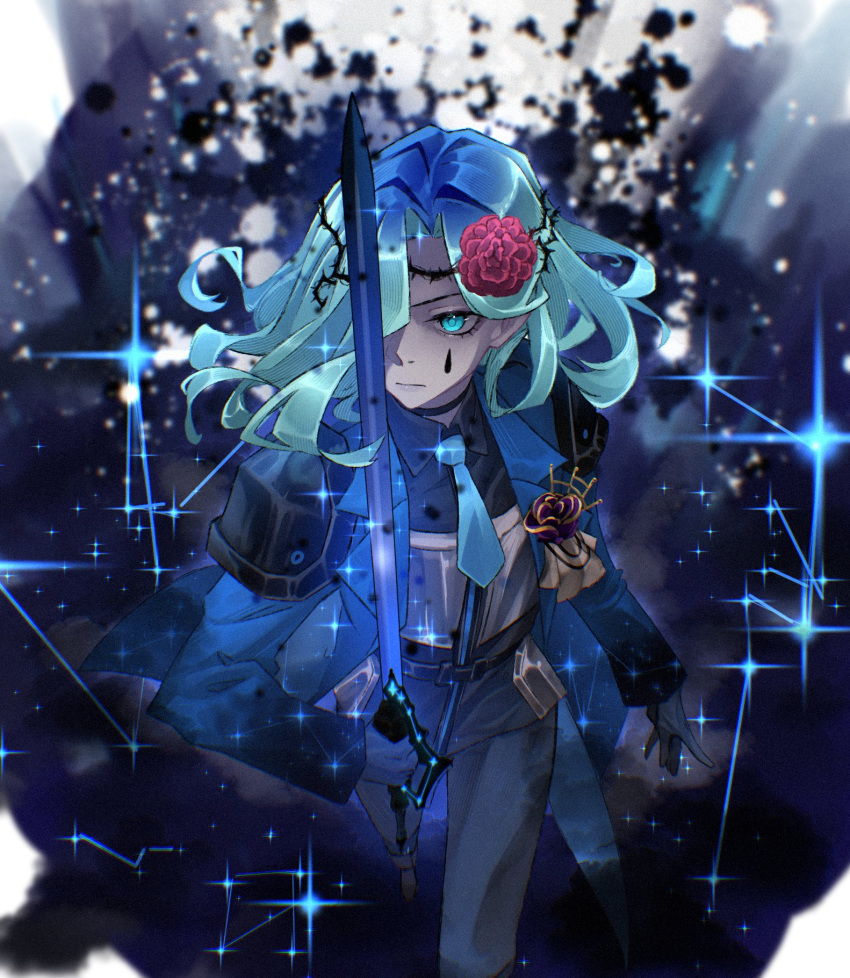 1girl, armor, black_gloves, black_shirt, blue_coat, blue_eyes, blue_hair, blue_necktie