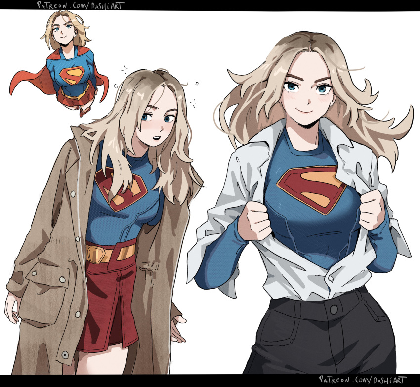 1girl, absurdres, artist_name, belt, black_pants, blonde_hair, blue_eyes, brown_coat, brown_hair, cape, coat, dashi_(dashiart), dc_comics, dc_universe_(franchise), drunk, flying, highres, long_hair, multicolored_hair, open_clothes, open_coat, pants, red_cape, red_skirt, shirt, simple_background, skirt, smile, supergirl, superhero_costume, superman_(2025), superman_(series), two-tone_hair, white_background, white_shirt, yellow_belt