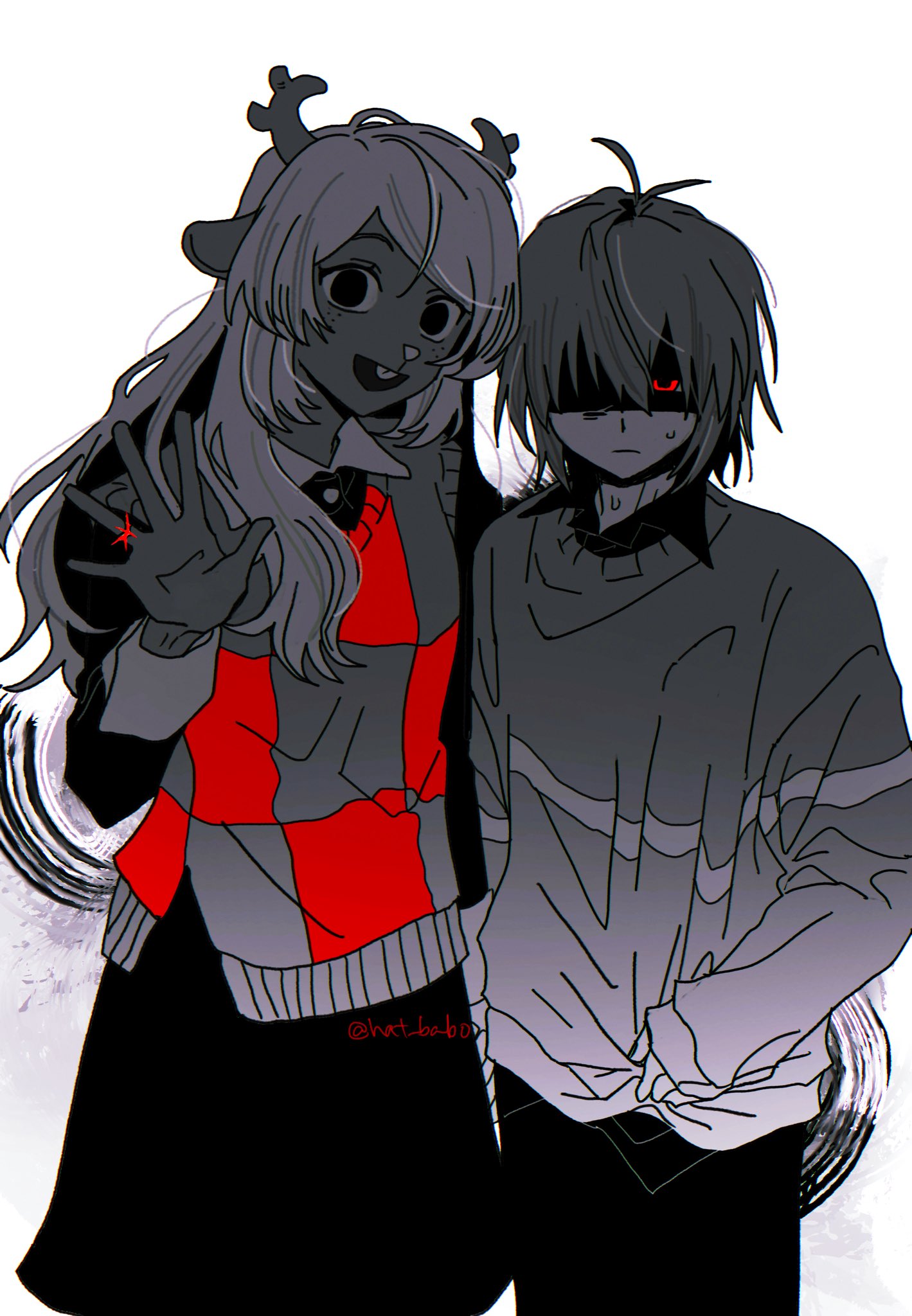 1girl, 1other, antenna_hair, antlers, checkered_clothes, checkered_sweater_vest, checkered_vest, closed_mouth