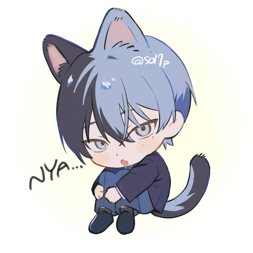 1boy, animal_ears, aoyagi_touya, black_jacket, black_shoes, blue_eyes, blue_pants, blush