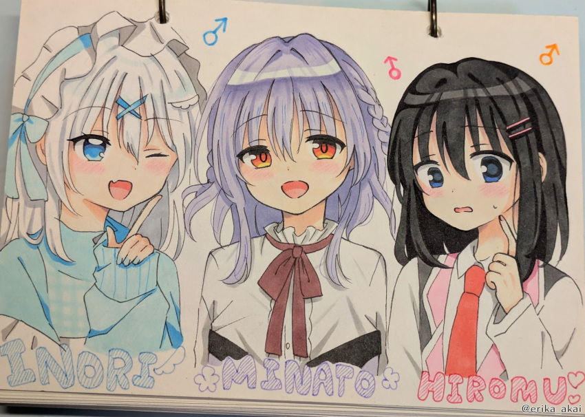 3boys, :d, ;d, asuka_minato, black_hair, blue_bow, blue_eyes, blue_hair
