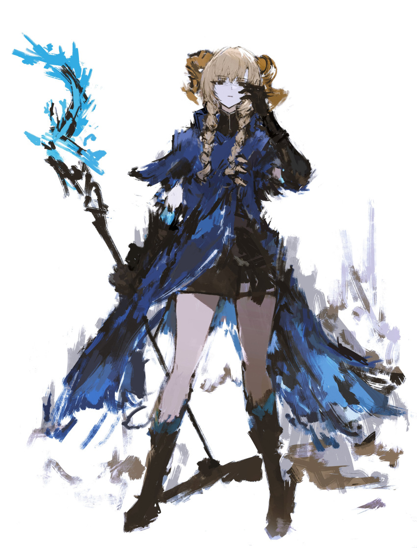 1girl, absurdres, ai_limit, black_boots, black_eyes, black_shorts, blonde_hair, blue_dress