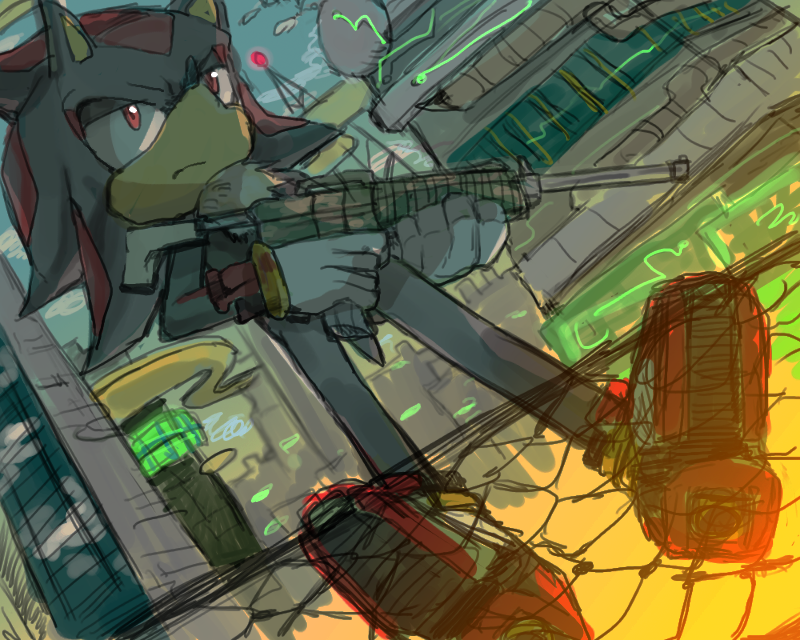 animal_nose, black_fur, bracelet, building, city_lights, cityscape, from_below, furry