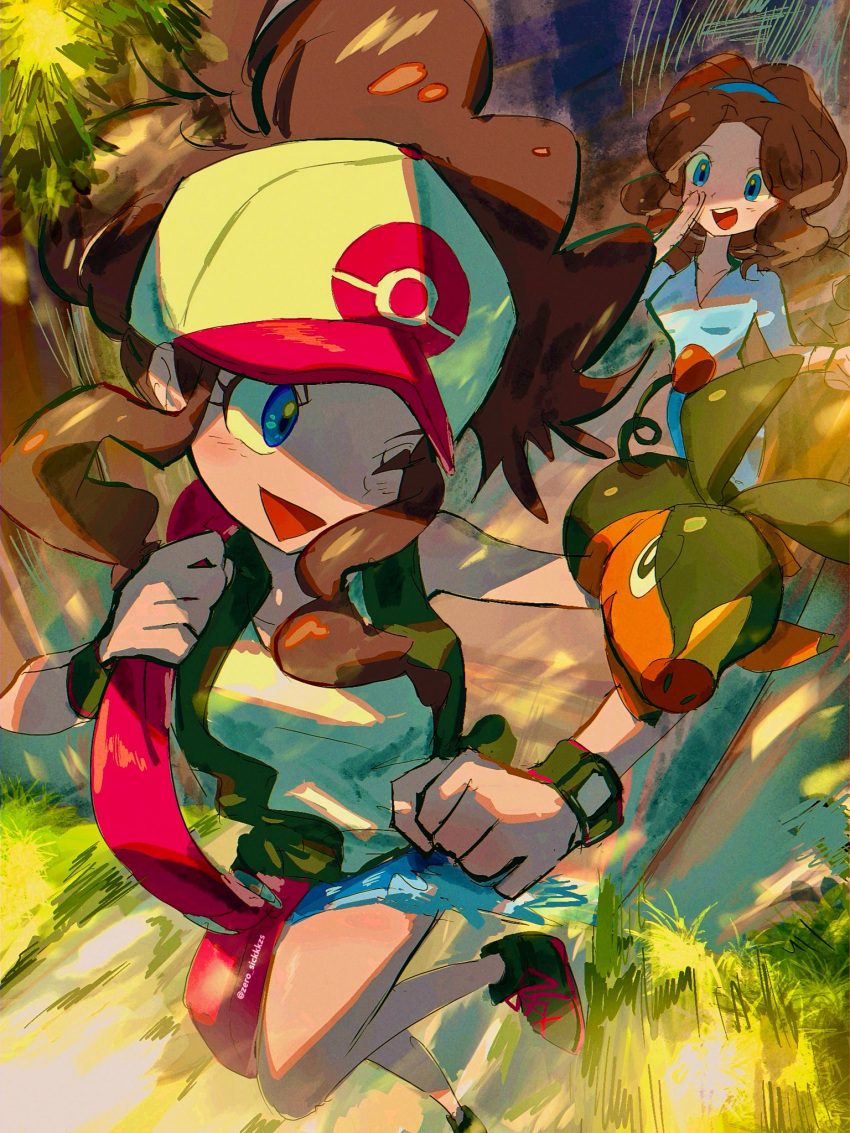 2girls, baseball_cap, black_vest, blue_eyes, blue_shirt, blush, breasts, brown_hair