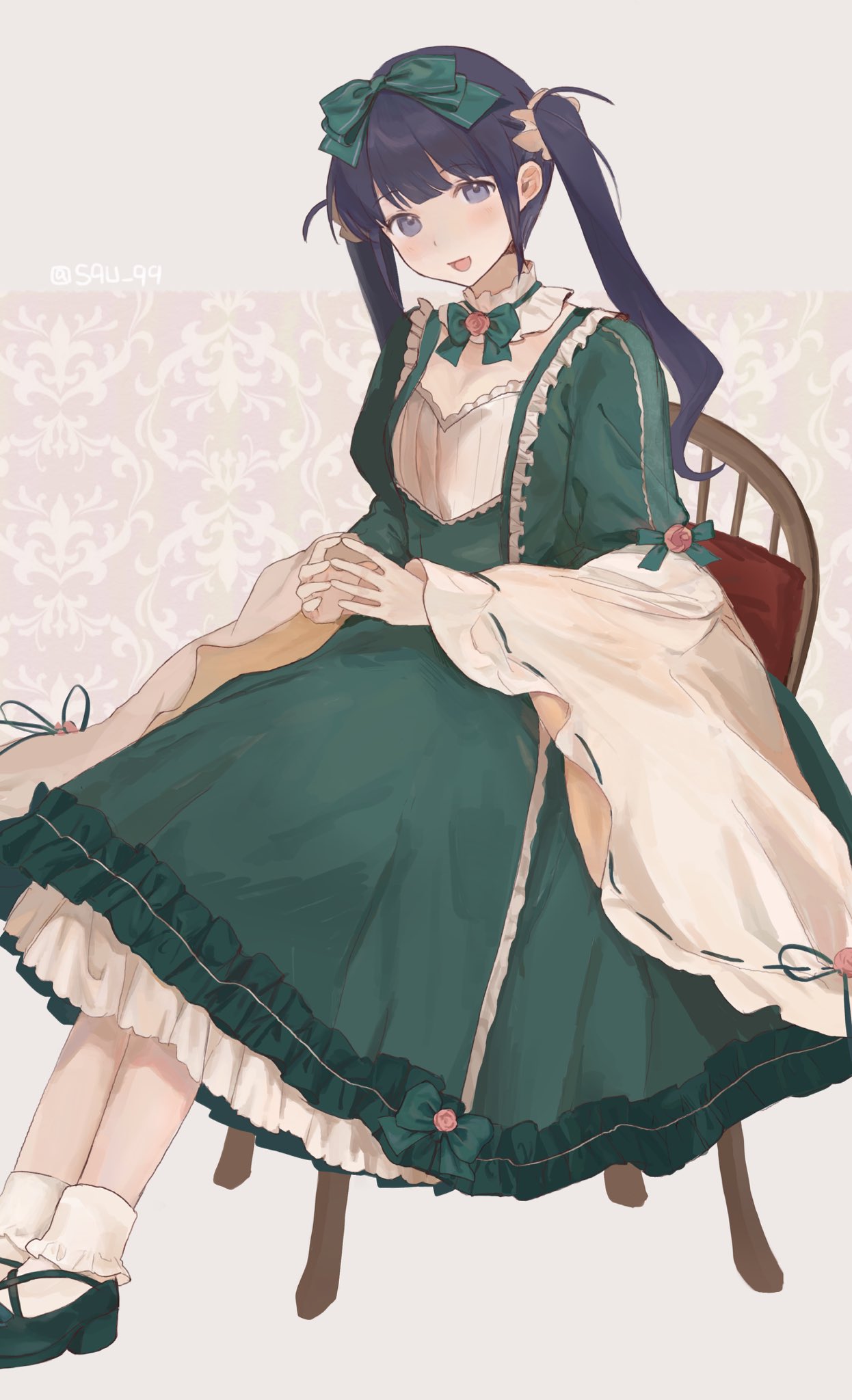 1girl, :d, animate_(company), animate_cafe, bow, bowtie, brown_sleeves, chair, collar, commentary, criss-cross_straps, detached_collar, dress, dress_bow, dress_flower, dress_ribbon, fleur-de-lis, flower, frilled_dress, frilled_socks, frills, green_bow, green_bowtie, green_dress, green_ribbon, green_shoes, grey_background, grey_collar, hair_bow, head_tilt, highres, invisible_floor, light_blush, long_hair, long_sleeves, looking_at_viewer, medium_dress, official_alternate_costume, official_alternate_hairstyle, on_chair, open_mouth, patterned_background, petticoat, pink_flower, pink_rose, purple_hair, ribbon, ribbon-trimmed_sleeves, ribbon_trim, rose, shoes, shoujo_kageki_revue_starlight, sidelocks, sitting, smile, socks, solo, steepled_fingers, sukuuyu, tsuyuzaki_mahiru, twintails, twitter_username, violet_eyes, white_socks, wide_sleeves