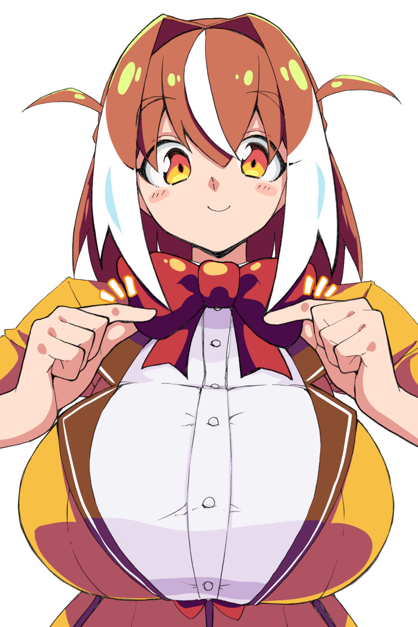 1girl, absurdres, adjusting_bowtie, b-kyuu_ocha, blush, bow, bowtie, breasts