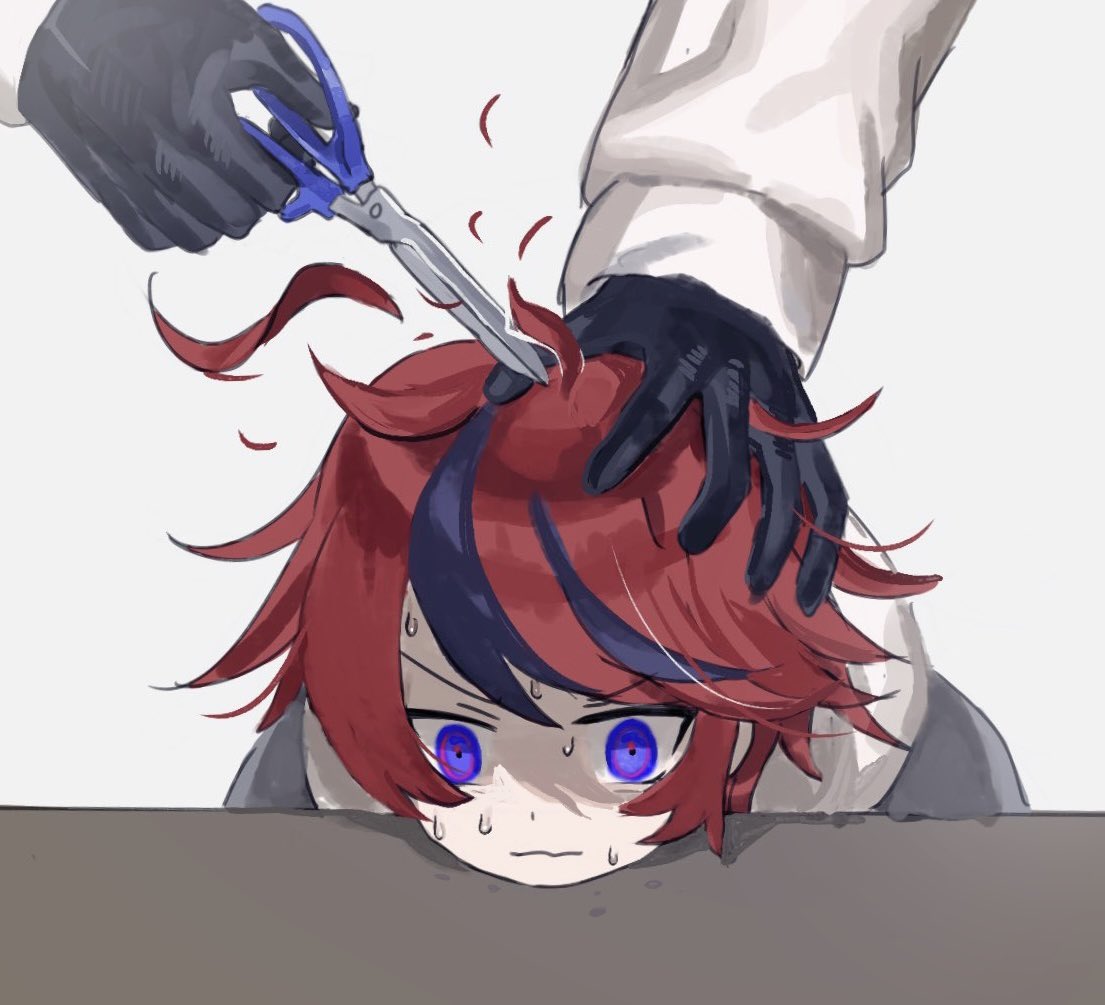 2boys, ahoge, ahoge_removed, aotsuki_eito, black_gloves, black_streaks, blue_eyes, cutting_another's_hair