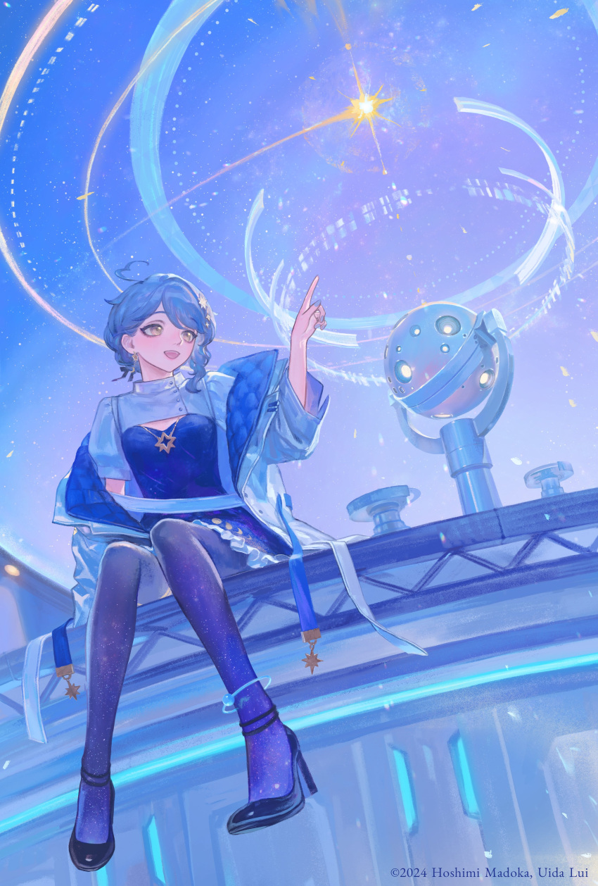 1girl, absurdres, ahoge, anklet, artist_name, blue_dress, blue_hair, blue_jacket