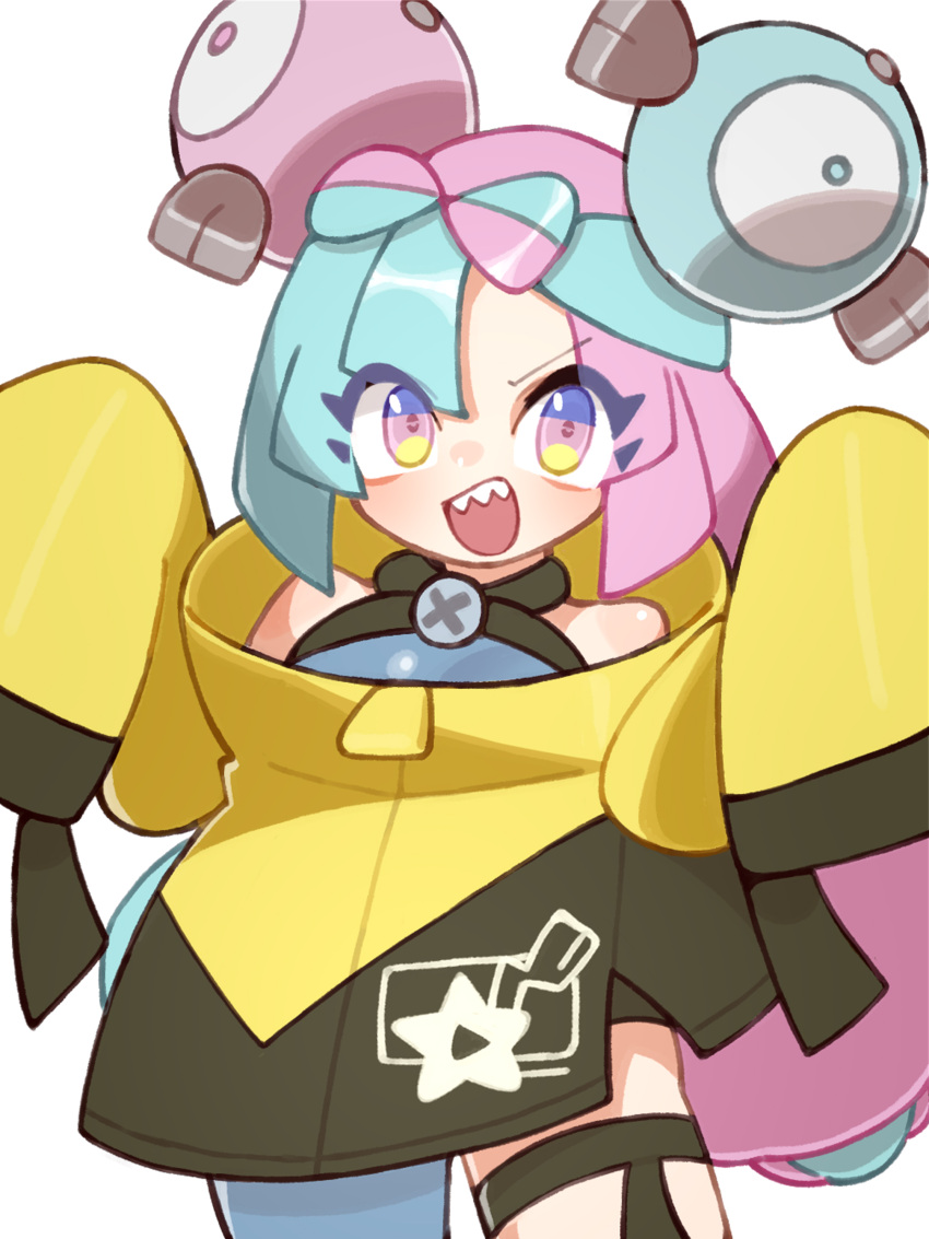 1girl, :d, absurdres, bow-shaped_hair, character_hair_ornament, commentary_request, green_hair, grey_shirt, hair_ornament, happy, highres, iono_(pokemon), jacket, long_sleeves, looking_at_viewer, multicolored_hair, open_mouth, pink_eyes, pink_hair, pokemon, pokemon_sv, shirt, simple_background, single_leg_pantyhose, sleeveless, sleeveless_shirt, smile, solo, suiran_(suiran2822), teeth, thigh_strap, twintails, two-tone_hair, upper_teeth_only, white_background, yellow_jacket