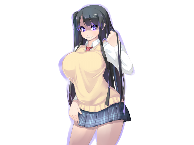 1girl, arm_at_side, black_hair, blue_eyes, blunt_bangs, breasts, crazy_eyes, crazy_smile